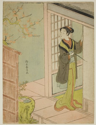 Bellezza che ammira un usignolo che canta su un albero di prugne da Suzuki Harunobu