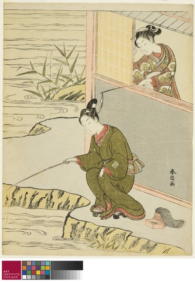 Bellezza che prende in giro un giovane pescatore, c. 1768 da Suzuki Harunobu