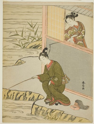Bellezza che prende in giro un giovane che pesca da Suzuki Harunobu