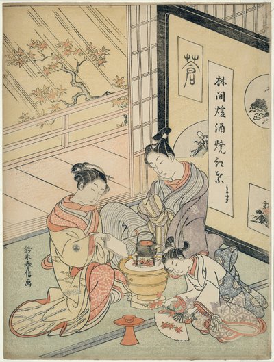 Foglie di acero bruciate per riscaldare il sake da Suzuki Harunobu