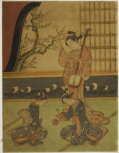 Cortigiana che osserva le sue ancelle giocare con una palla da Suzuki Harunobu