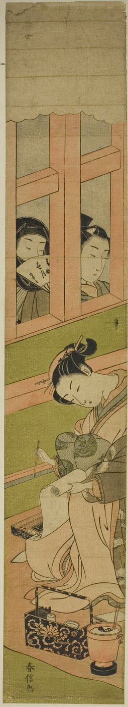 Cortigiana che scrive una lettera mentre due uomini osservano attraverso una grata della finestra da Suzuki Harunobu