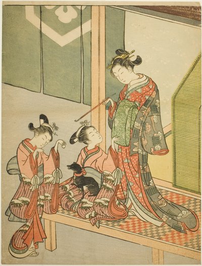 Cortigiana e due assistenti che giocano con un cane da Suzuki Harunobu