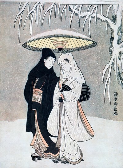 Corvo e Airone, o Giovani amanti che camminano insieme sotto un ombrello durante una tempesta di neve, c1769 da Suzuki Harunobu