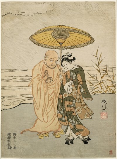 Daruma e una giovane donna sotto la pioggia da Suzuki Harunobu