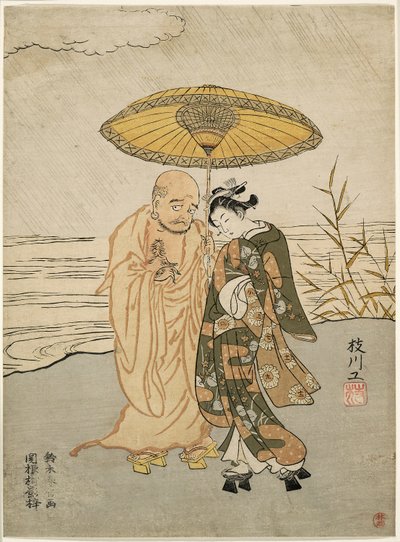 Daruma e una giovane donna sotto la pioggia da Suzuki Harunobu