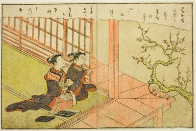 Illustrazione a doppia pagina dal Vol. 1 di "Libro illustrato delle brocche di primavera (Ehon haru no nishiki)" da Suzuki Harunobu