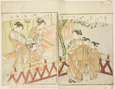 Illustrazione a doppia pagina dal Vol. 2 di "Libro illustrato dei broccati di primavera (Ehon haru no nishiki)" da Suzuki Harunobu
