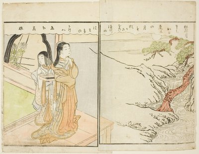 Illustrazione a doppia pagina dal Vol. 2 di "Libro illustrato delle broccati di primavera (Ehon haru no nishiki)" da Suzuki Harunobu