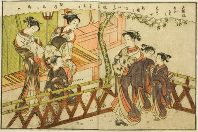 Illustrazione a doppia pagina dal Vol. 2 di "Libro illustrato dei broccati di primavera (Ehon haru no nishiki)" da Suzuki Harunobu