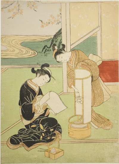 Bagliore serale di una lampada (Andon no sekisho), dalla serie "Otto vedute del salotto (Zashiki hakkei)" da Suzuki Harunobu