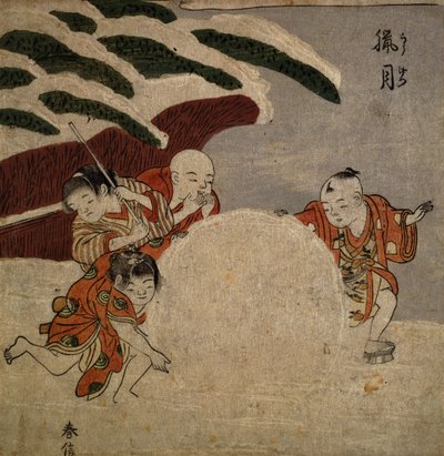 Quattro ragazzi che fanno una palla di neve, c.1768 (stampa a blocchi di legno a colori) da Suzuki Harunobu