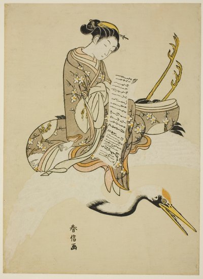 Ragazza che cavalca una gru (parodia di Hi Chobo [Cinese: Fei Zhangfang]) da Suzuki Harunobu