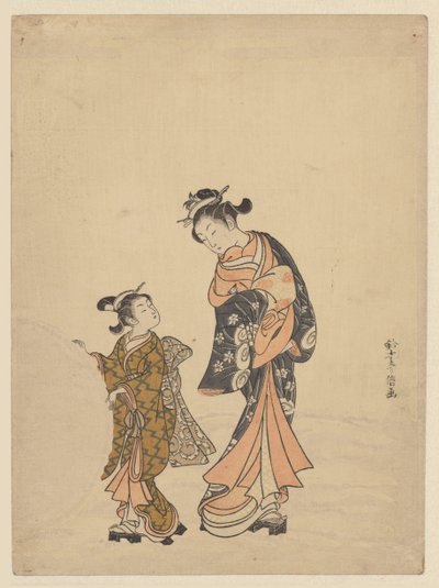 Giovane donna e ragazza con palla di neve da Suzuki Harunobu