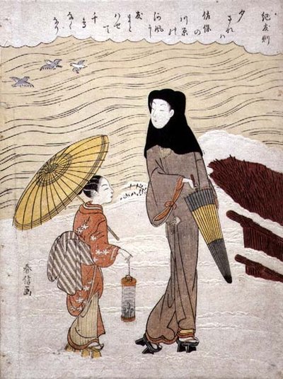 Signora e domestica che camminano lungo un fiume, c.1767 da Suzuki Harunobu