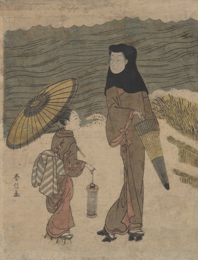 Signora con cappuccio nero e ombrello che passeggia con un giovane assistente da Suzuki Harunobu