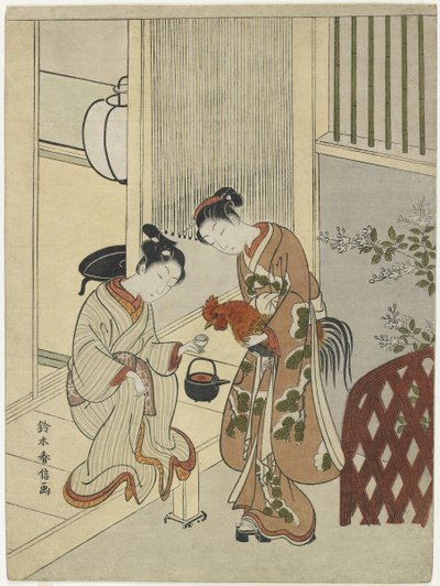 Amanti che offrono sake a un gallo, c. 1767 da Suzuki Harunobu