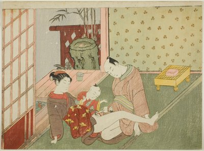 Amanti con giovane assistente che osserva, da una serie senza titolo di stampe erotiche da Suzuki Harunobu
