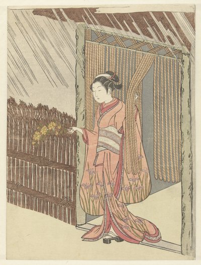 Ragazza con un ramo di yamabuki in mano da Suzuki Harunobu