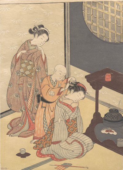 Pioggia notturna al doppio scaffale, dalla serie Otto viste del salotto, ca. fine XVIII secolo da Suzuki Harunobu