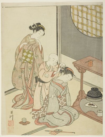 Pioggia notturna al chiosco del tè (Daisu no yau), dalla serie "Otto vedute del salotto (Zashiki hakkei)" da Suzuki Harunobu