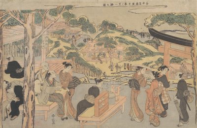 Osen della casa da tè Kagiya al santuario di Kasamori con vista su Nippori a Yanaka da Suzuki Harunobu