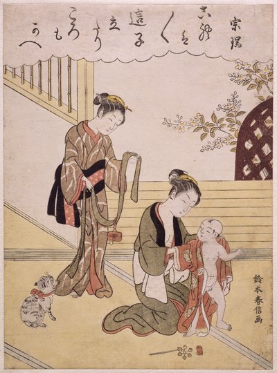 Una madre che veste il suo giovane figlio in un kimono da Suzuki Harunobu
