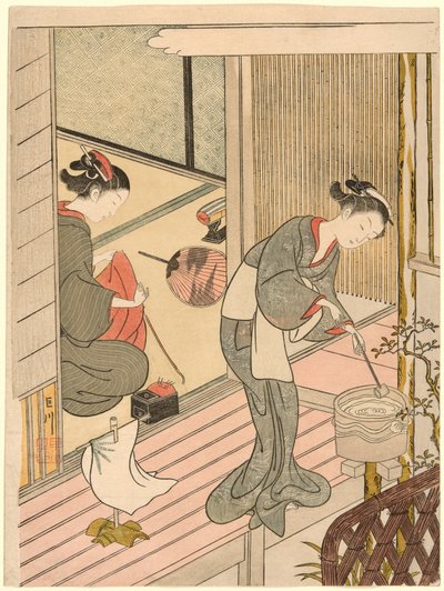 Vele di ritorno del portasalviette (Tenugui-kake no kihan), dalla serie "Otto vedute del salotto (Zashiki hakkei)" da Suzuki Harunobu