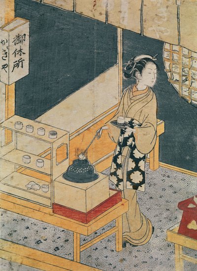 Serva che prepara il tè (stampa a colori su legno) da Suzuki Harunobu