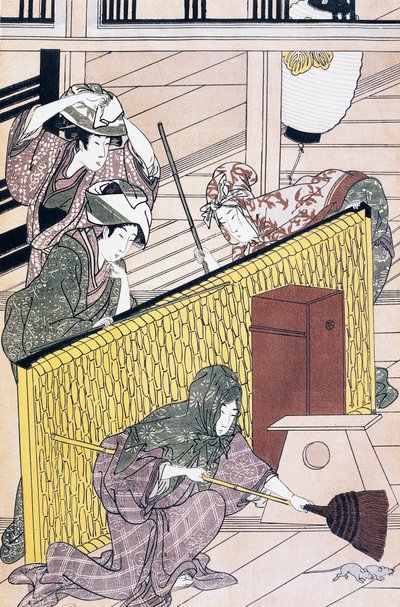 Servitore che insegue topi in casa, stampa ukiyo-e di Suzuki Harunobu (1725-1770), xilografia, civiltà giapponese, periodo Edo da Suzuki Harunobu