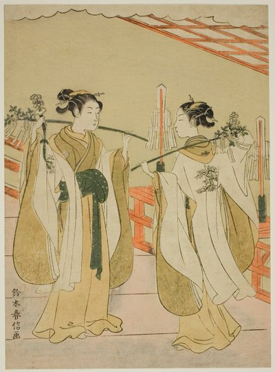 Le Sacerdotesse Onami e Ohatsu che Ballano al Santuario di Yushima Tenjin da Suzuki Harunobu