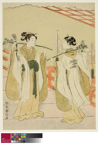 Le sacerdotesse Onami e Ohatsu danzano al santuario di Yushima Tenjin, c.1769 da Suzuki Harunobu
