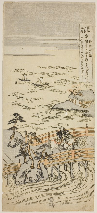 Bagliore del tramonto a Seta (Seta sekisho), dalla serie "Otto vedute di Omi (Omi hakkei no uchi)" da Suzuki Harunobu