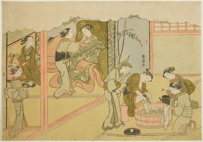 Il primo parto (Uizan), il settimo foglio della serie "Matrimonio in stampe broccate, il carro della donna virtuosa (Konrei nishiki misao-guruma)" da Suzuki Harunobu