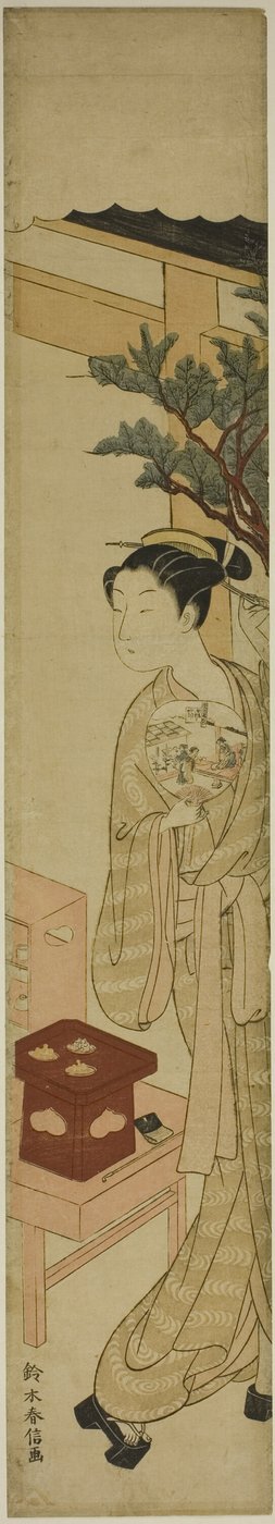 La cameriera Osen della casa da tè Kagiya con un ventaglio da Suzuki Harunobu