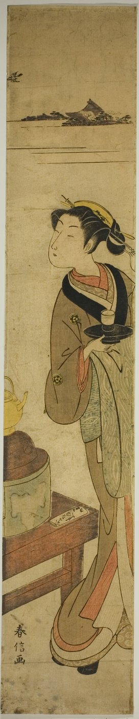 La cameriera Osen della casa da tè Kagiya che porta una tazza di tè da Suzuki Harunobu
