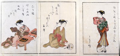 Tre cortigiane. Da sinistra a destra, Hiinatsuru, Hanagishi e la terza non identificata. Stampe di Harunobu Suzuki da Suzuki Harunobu