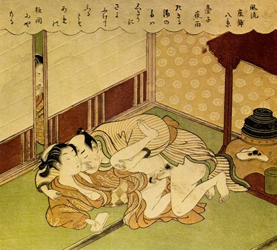 Due amanti Shunga - stampa erotica su legno, c. 1750 da Suzuki Harunobu
