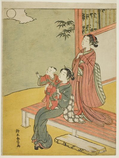 Due donne e un bambino che osservano la luna piena da Suzuki Harunobu