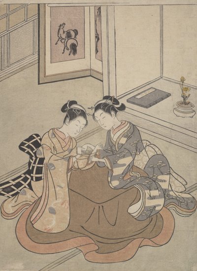 Due giovani donne sedute vicino a un kotatsu che giocano a fare la culla del gatto, ca. 1765 da Suzuki Harunobu
