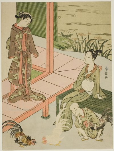 Guardando un Combattimento di Galli al Bordo della Veranda da Suzuki Harunobu
