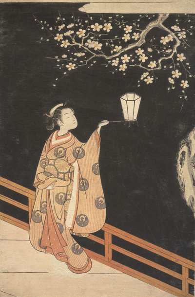 Donna che ammira i fiori di prugna di notte da Suzuki Harunobu