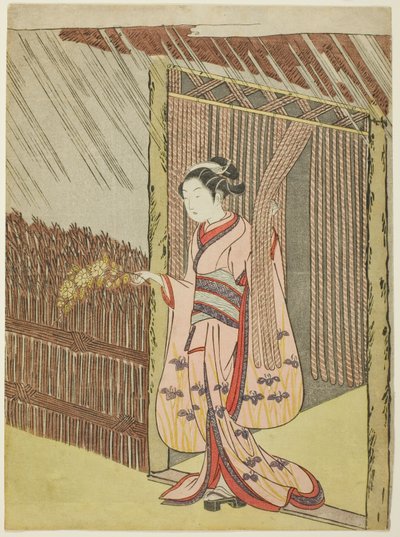Donna che tiene un ramo di fiori di Kerria sotto la pioggia (parodia di Ota Dokan) da Suzuki Harunobu