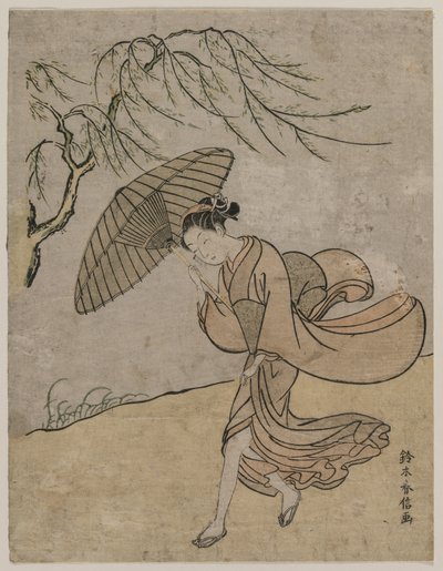 Donna che corre accanto a un salice in una brezza da Suzuki Harunobu