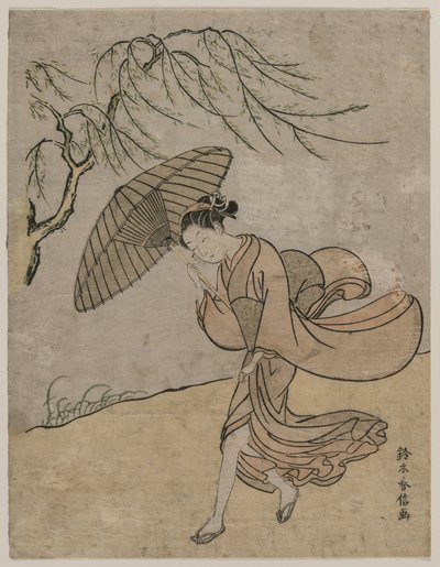 Donna che corre accanto a un salice in una brezza da Suzuki Harunobu