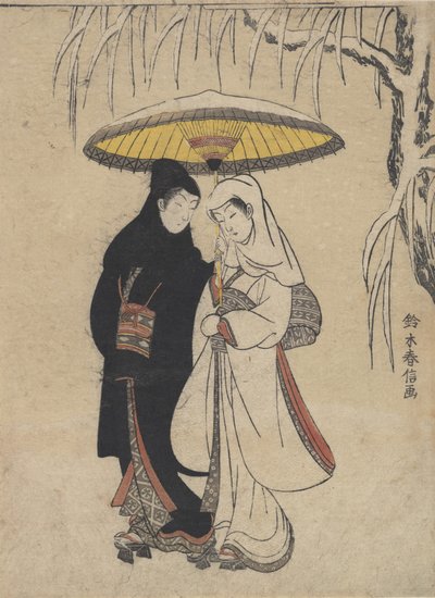 Giovani amanti che camminano insieme sotto un ombrello in una tempesta di neve, corvo e airone, ca. 1769 da Suzuki Harunobu