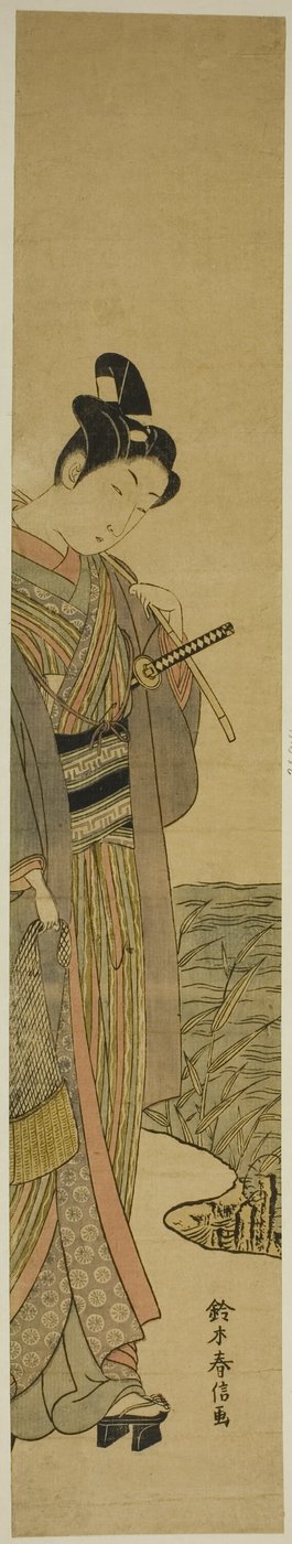 Giovane con canna da pesca e rete da Suzuki Harunobu