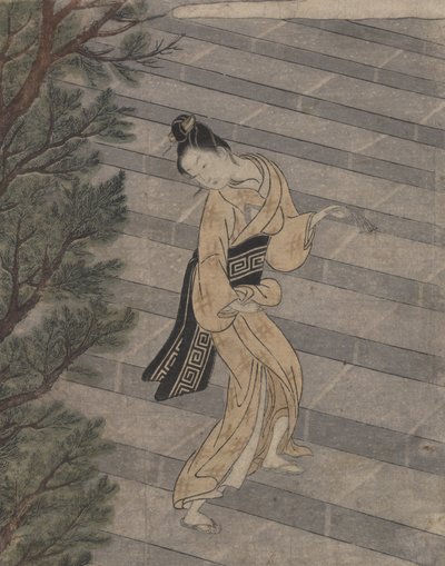 Giovane donna che sale le scale di pietra verso un tempio shintoista da Suzuki Harunobu