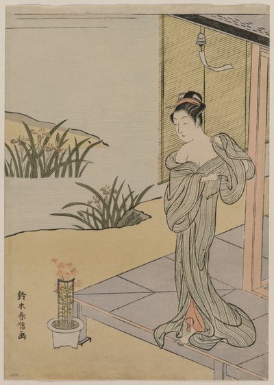 Giovane donna che guarda un vaso di garofani, c. 1767 da Suzuki Harunobu