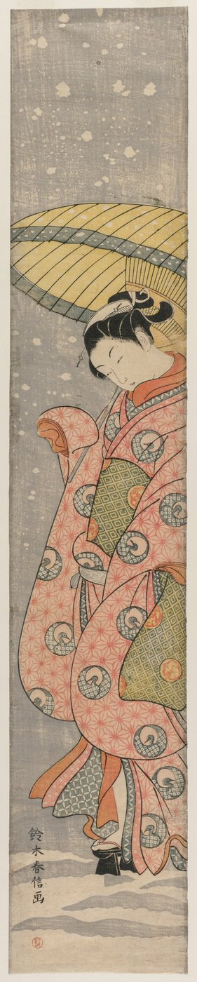 Giovane donna sotto un ombrello nella neve, 1767-1768 da Suzuki Harunobu